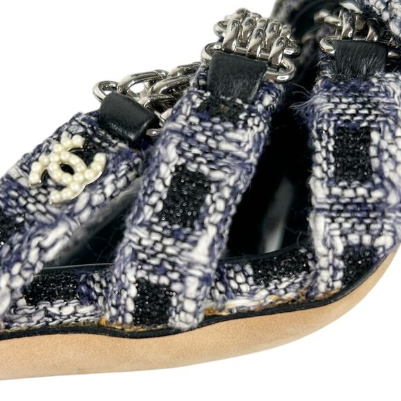 CHANEL Tweed Strappy Chain Interlocking CC Heeled Sandals - Picture 11 of 14